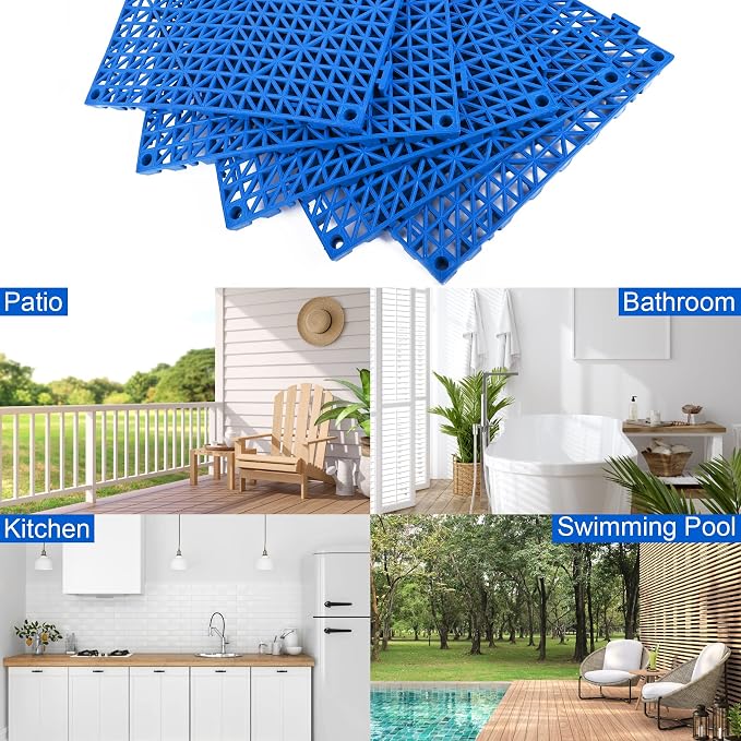 Modular Interlocking Cushion 12 Pack 11.8" x 11.8" Rubber Floor Tiles Non-Slip Splicing Drainage Mats for Deck, Pool, Outdoor Shower, Patio, Balcony, Indoor Bathroom, Kitchen, Yard (Blue)