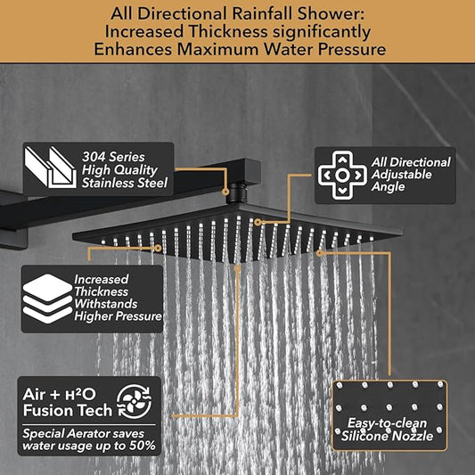 VANFOXLE Shower Faucet Set Matte Black Shower System,Push Button Diverter Shower Faucet with 2 in 1 Handheld, Wall Mount Increased Thickness 10 Inch Shower Head with 6 Inch Shower Head