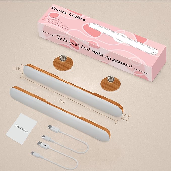 Benreom 2 Pack Rechargeable Vanity Lights for Mirror, Light Wood | 4000mAh Battery, Touch Dimming, 3 Color Modes and 360° Adjustable Magnetic Design for Makeup Mirrors and Bathrooms