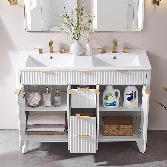 T4TREAM 48" Fluted Bathroom Vanity with Resin Sink Combo,Freestanding Modern Bathroom Storage Vanity Cabinet with Soft Closing Doors & 2 Drawers,Wood Grain Texture,Metal Handle,White