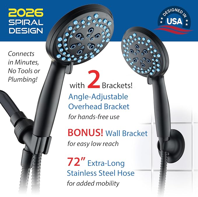 AquaCare New 8-mode High Pressure Handheld Shower Head w/ 2-way Power Wash | Stay Clean Nozzles, Dual Power Wash for Tub, Tile & Pets, Long 6 ft. Stainless Steel Hose, Wall & Overhead Brackets / Black