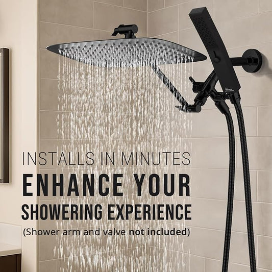 G-Promise All Metal 12" Rain Shower Head with Handheld for Bathroom Upgrade | All Metal, Built to Last, Easy Install, Adjustable Height & Angle for All Heights, Extra Long Hose, Modern Upgrade