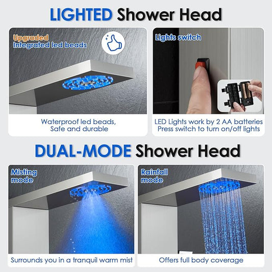 ROVOGO LED Shower Panel Tower System with Lights, 5 Shower Modes, 46.5 Inch | Rainfall Mist Shower Head, 3 Body Jets, Handheld, Waterfall Tub Spout, Stainless Steel Shower Column W/ Mixing Valve, Brushed