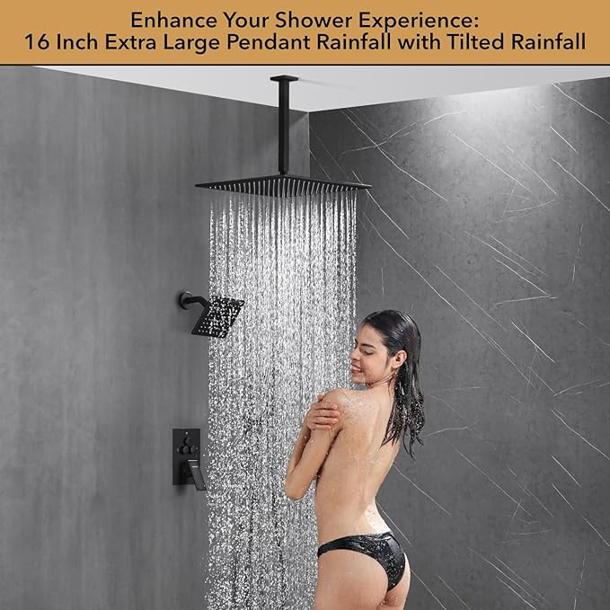 VANFOXLE Shower System, Matte Black Shower Faucet Set, Push Button Diverter | 16 Inch Ceiling Mount Rain Head, 6 Inch Wall Mount Head, 2-in-1 Handheld Sprayer, Solid Brass Valve, Rust Resistant