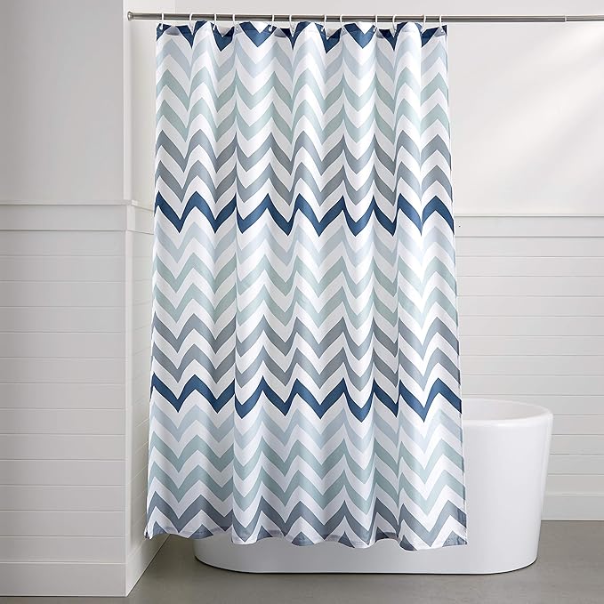 Amazon Basics Bathroom Shower Curtain, Water Resistant Fabric with Weighted Hem, Grommets & Hooks, Machine Washable, 72"x72", Blue Ombre Chevron