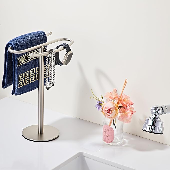 Brushed Nickel Hand Towel Holder Stand,13 Inch Tall Free-Standing Towel Rack, SUS304 Stainless Steel Towel Bar Rack Stand, Tower Bar for Bathroom Kitchen Vanity Countertop…