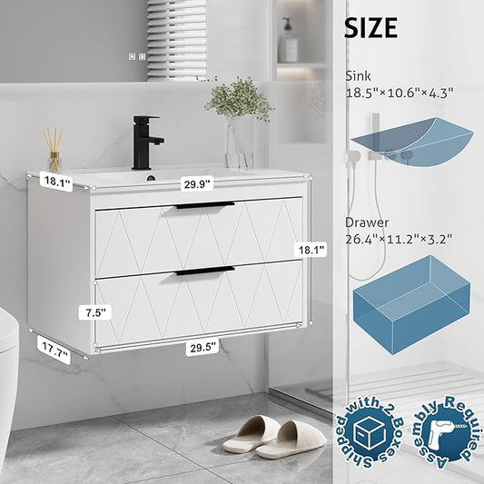 eclife 30" Bathroom Vanities Cabinet with Sink Combo, Wall Mounted Floating Cabinet W/Decor Line, Soft-Close System, 2 Extra Big Drawers, Matte Black Faucet, White