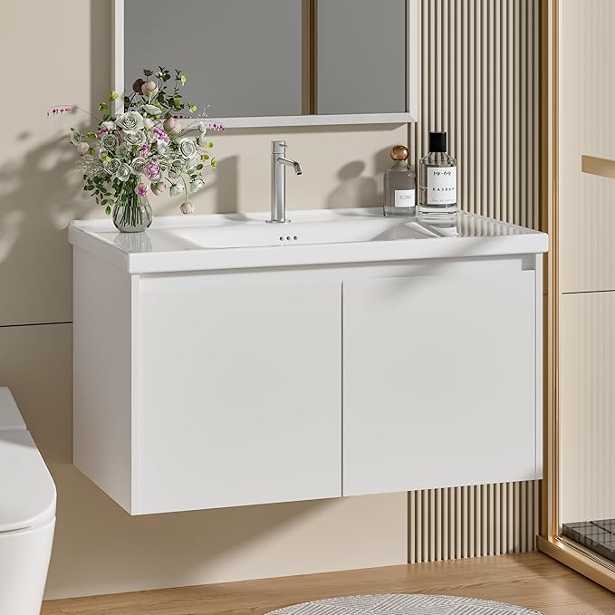 OLD CAPTAIN 36" Bathroom Vanity with Ceramic Sink, Floating Bathroom Vanity with Sink and Cabinet, Wall Mounted Bathroom Sink Cabinet with Storage and Two Doors, White