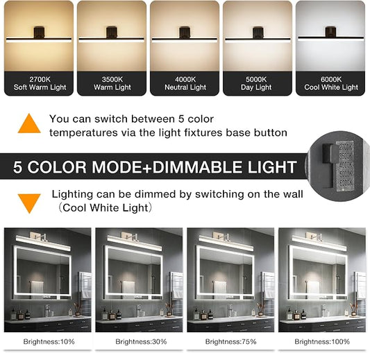 Modern LED Vanity Light Fixture,Brushed Nickel 23.6‘’ 5CCT DimmableAdjustable & Rotatable Bathroom Light Fixture Above Mirror, Wall Sconce