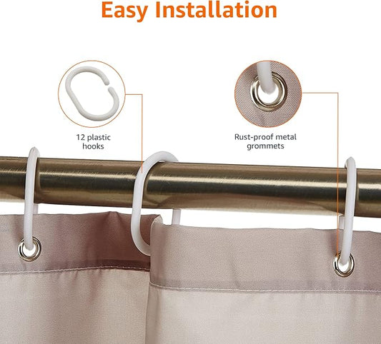 Amazon Basics Bathroom Shower Curtain, Water Resistant Fabric with Rust Proof Grommets & Hooks, Weighted Hem, Machine Washable, 72"x72", Light Brown, Beige