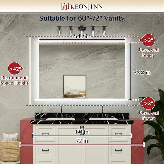 Keonjinn 55 x 36 Inch LED Bathroom Mirror with Backlit, Anti-Fog Vanity Mirror, CRI90+ HD Tempered Glass, Stepless Dimmable, High Lumen, UL Listed, IP44 Waterproof, Horizontal/Vertical