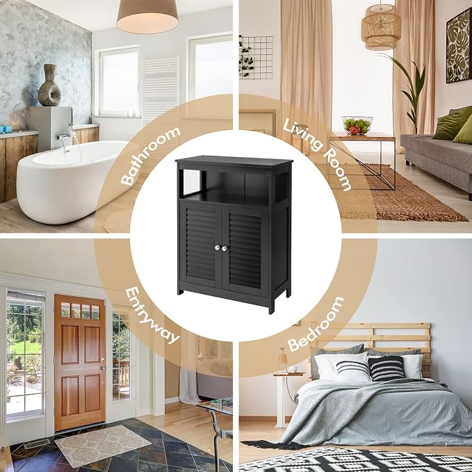 COSTWAY Bathroom Storage Cabinet, Wooden Side Storage Organizer with Louver Doors & Removable Shelf, Freestanding Floor Cabinet for Living Room, Kitchen, Entryway (Black) | with Louver Doors & Removable Shelf, Wooden Side Storage Organizer for Living R...