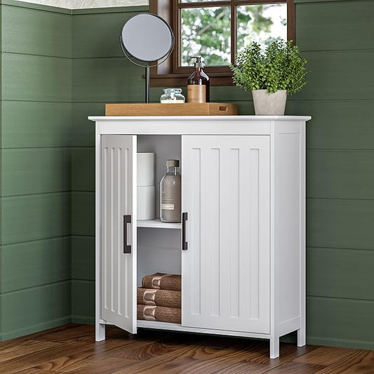RiverRidge Monroe Two-Door Floor Storage Cabinet - Bathroom Storage Cabinet with Adjustable Shelves - Soft-Close Doors White Finish with Matte Black Handles