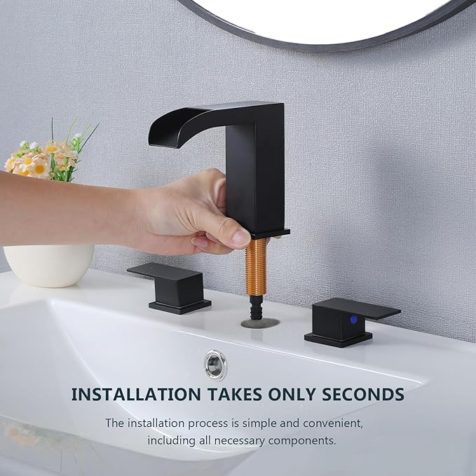 Black Bathroom Faucet 3 Hole, 8 Inch Widespread Waterfall Bathroom Sink Faucet, Matte Black Vanity Faucet with Pop-Up Drain and Hoses for Bathroom Sink Vanity Rv