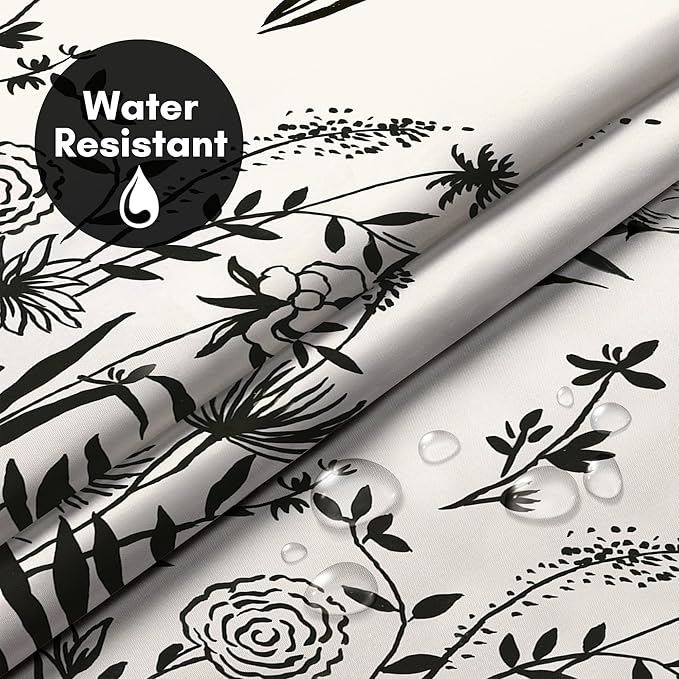 Americanflat 72x75 Hookless Shower Curtain - Water-Resistant Floral Shower Curtain with Sheer Panel, Snap-in Liner, and Grommets - 100% Polyester - Botanical Bathroom Curtains - Black and Ivory