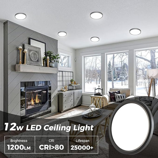 zemty LED Ceiling Light Fixture, 6.5-Inch 12W 1200lm Small Flush Mount Light, Adjustable 3000K 4000K 6500K Color Temperatures, Round Flat Recessed Lamp for Kitchen Closet Hallway Laundry, Black
