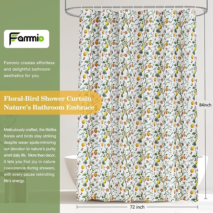 Floral Bird Shower Curtain 72x72, Hummingbird and Lemon Botanical Fabric Bath Curtains, Lightweight Quick-Dry Bathroom Decor Set with Hooks