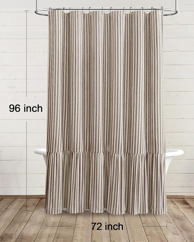 Farmhouse Shower Curtain Ruffle Linen Cream-Brown Stripe 72"W x 96"L | Farmhouse Boho, Striped, Bottom Ruffle, Linen Fabric, Rustic, Country, Natural Look, Washable, for Bathroom Bathtub