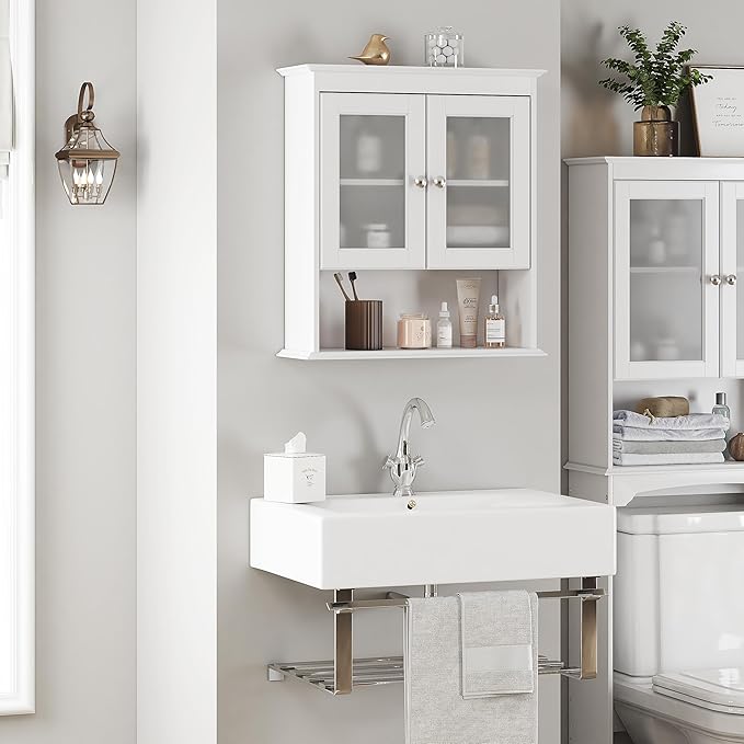 Spirich Bathroom Wall Cabinet with Glass Doors, White Medicine Cabinet | FSC-Certified MDF, Adjustable Shelf, Open Bottom Shelf, Wall Mount Storage for Bath, Kitchen, Laundry Room or Entryway