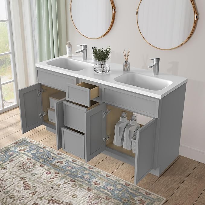 HomeBeyond 60 Inches Bathroom Vanity Base Cabinet Without Sink, Double Sink Top Sturdy Floor Mounted Cabinet with Door & Soft Closing Drawers,Grey, VA4124-2+VA4112-3