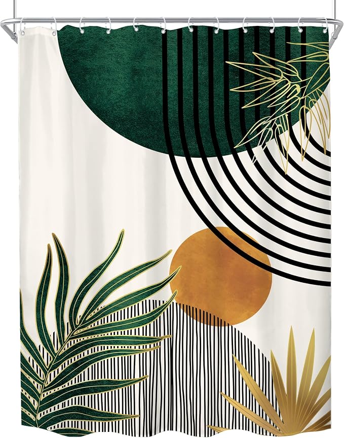 KOMLLEX Mid Century Green Boho Abstract Modern Bathroom Shower Curtain Set | 54Wx78L Plant Botanical design, waterproof HD print with fast-drying fabric and 12 hooks.