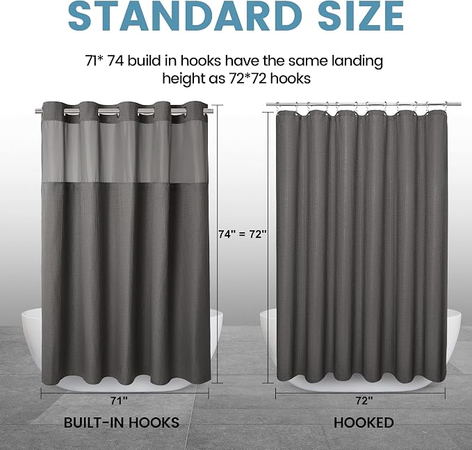 Heavyweight Waffle No Hook Shower Curtain with Liner, Charcoal Grey, 71x74 | Snap in Liner, 256GSM, Thick, Hotel Luxury Spa, Waterproof Fabric, Corner Magnets, 3 in 1 Set, Washable, Hang in Seconds
