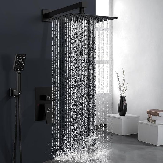 Rain Shower System 10IN Modern Brass Faucet Set With Valve and Diverter Shower Mixer With Handheld High Pressure Square Rainfall Shower Valve (10'' Wall Mount, Matte Black)