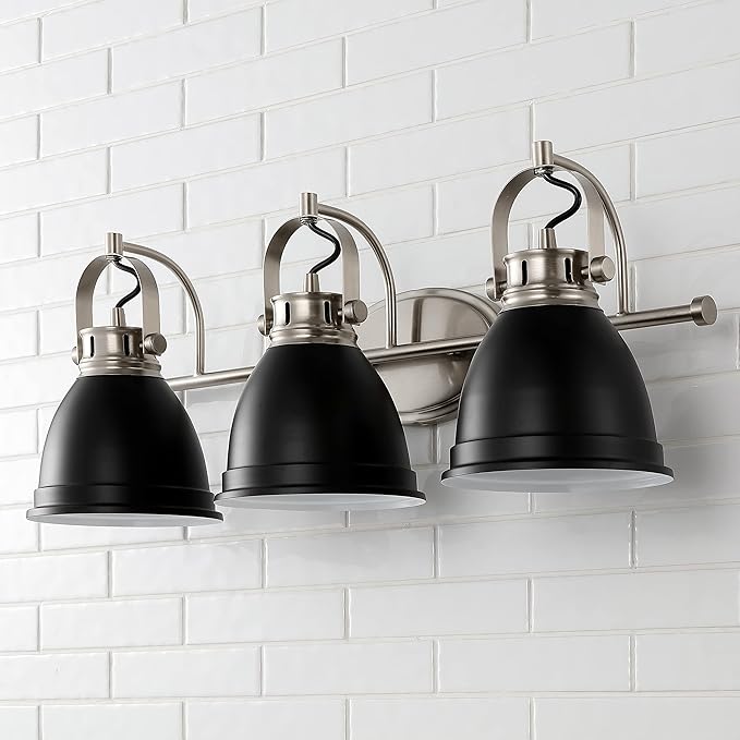 JONATHAN Y 25.5" Black/Nickel 3-Light LED Vanity Light, Adjustable Wall Sconce for Bathroom Mirror, Farmhouse Bohemian Kitchen Light, Iron Black Bell Shade (JYL1116A)