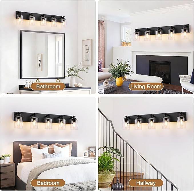 5-Light Matte Black Bathroom Vanity Light, Clear Glass Shade | 35.4" Wall Mount Over Mirror Lighting Fixtures, Durable Metal, Modern Farmhouse Style, for Bathroom, Bedroom, Easy To Install
