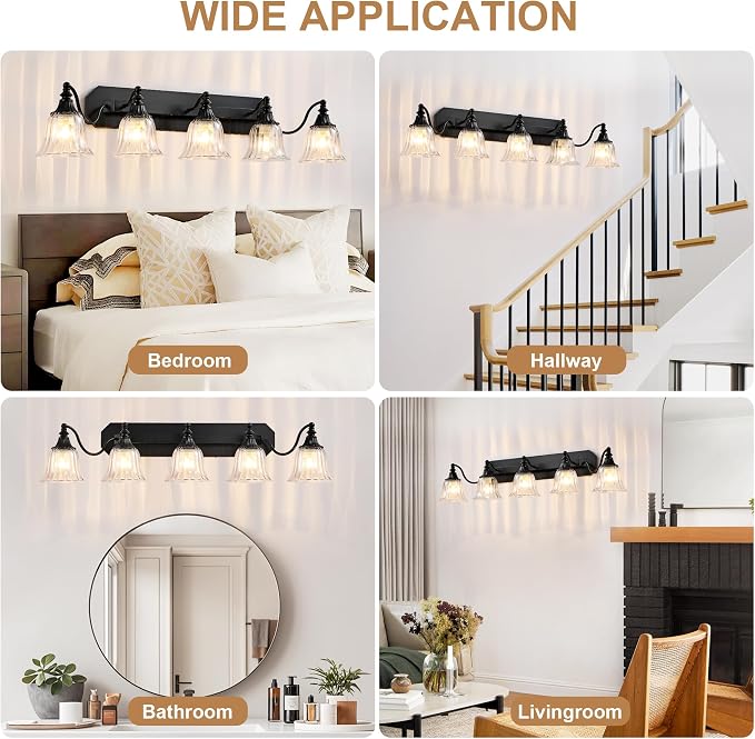 5-Light Black Vintage Bathroom Vanity Light, Crystal Glass Shade | Antique Matte Black Finish, Solid Metal Frame, Wall Mount Lighting Over Mirror, for Bathroom Restroom, Easy Install