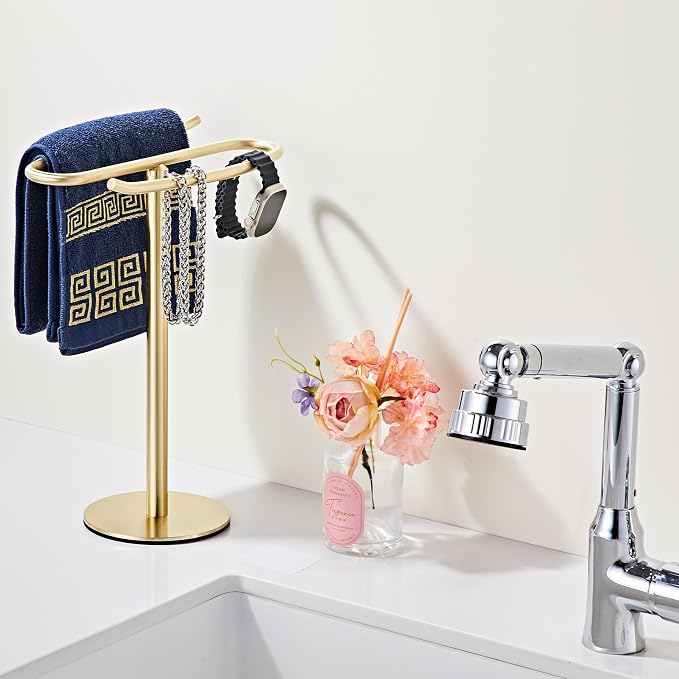 Light Brushed Gold Hand Towel Holder Stand, 13-Inch Tall Freestanding Towel Rack with Weighted Base, SUS304 Stainless Steel Countertop Towel Stand for Bathroom Vanity and Kitchen