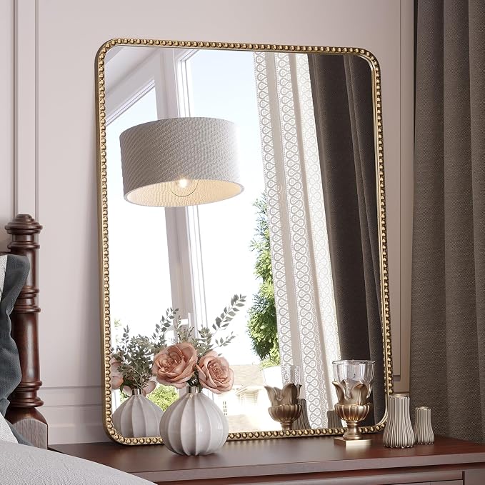 28"x36" Champagne Bronze Mirrors for Bathroom, Brass Vintage Bathroom Wall Mirror with Beaded Frame, Gold Beaded Mirror for Vanity Ornate Bedroom, Tempered Glass