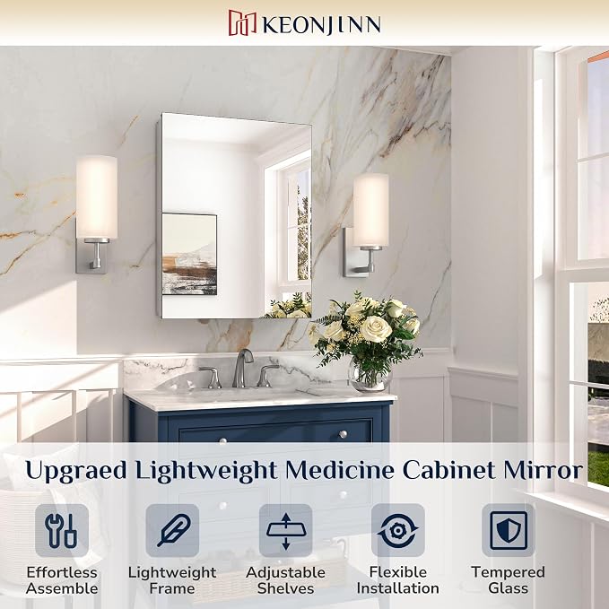 Keonjinn Medicine Cabinet Mirror for Bathroom 20 x 26 Inch, Tempered Glass | Assembly Needed, Stepless Adjustable Shelves, Surface Mount or Recessed, Lightweight Aluminum, Soft Close DTC Hinges, Sliver