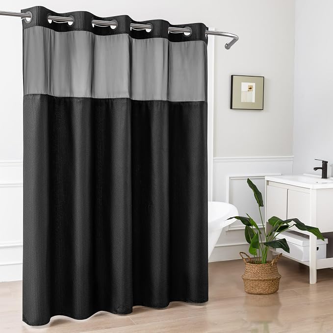 No Hook Black Shower Curtain with Snap-in Fabric Liner 71x74 | Embossed Waffle-Look Textured, Sheer Window, Soft & Lightweight, Water Repellent Fabric Shower Curtain for Bathroom