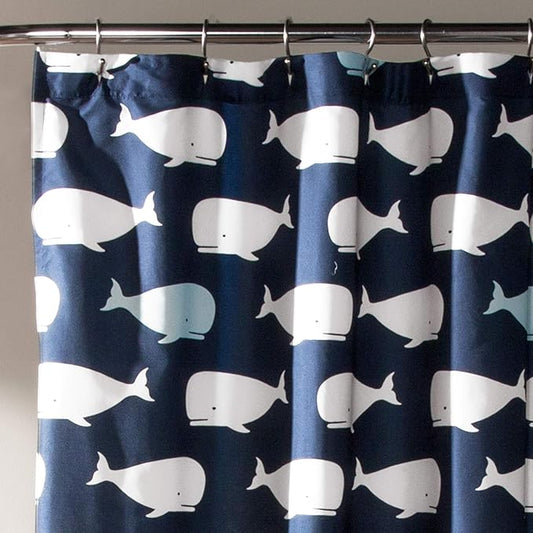 Lush Decor Whale Shower Curtain - Fabric Ocean Fish Animal Print Design for Kids, 72" x 72", Navy