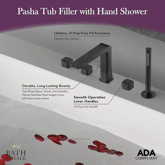 Bath Royale Pasha Modern Tub Faucet and Filler with Hand Shower, All Metal, Brushed Nickel