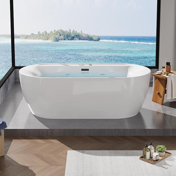71" Freestanding Whirlpool Tub - Air Bubble & Hydro Jet,Multi-Color LED Mood Lighting & Massage Jets - White Acrylic Soaking Bathtub for Home Spa