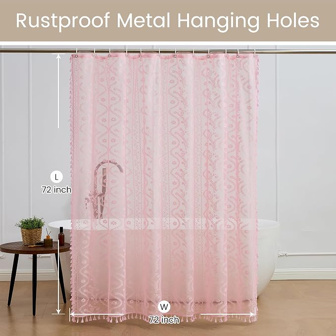 WAZZIO Pink Lace Shower Curtain - Vintage Pretty Pastel Girl Floral Shower Curtain Girly, Cute Coquette Tassel Princess Bath Curtains for Bathroom, 72 x 72 Inch, 1 Panel