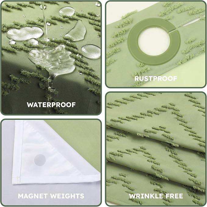 FADOTY Green No Hook Shower Curtain Set with Snap in Liner, 71'' x 86'' | Bathroom Hotel Fabric Curtain, Waterproof Washable Liner, See Through Top Window, Ringless Chevron Tufted Cloth Curtain