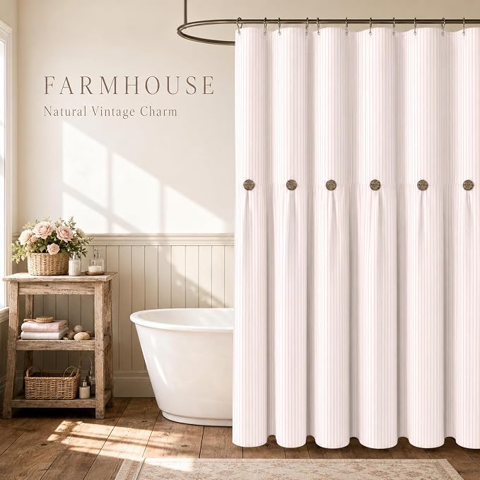 Farmhouse Shower Curtain Button Pink Stripe 72" W x 72" L | Farmhouse Style, Chic Button, Striped, Cotton Fabric, Rustic, Country, Natural Look, Washable, for Bathroom Bathtub
