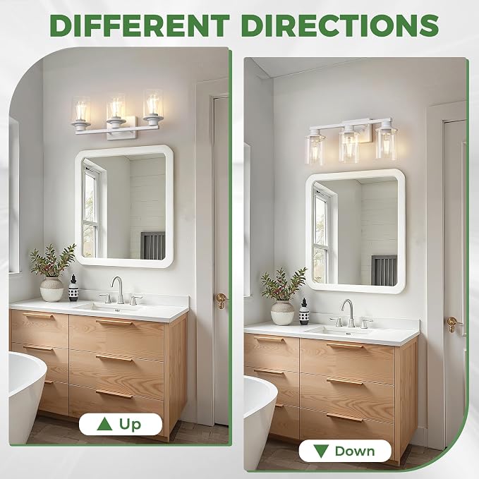 17 Inch 3-Light Vintage Ivory Bathroom Vanity Light | Modern Vintage Ivory Vanity Light Fixture, Clear Glass Shade Bathroom Wall Light, Mirror Lighting for Bedroom Living Room