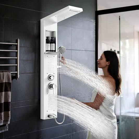 Shower Panel System, Multi-Function Shower Tower With 4 Body Spray, 5 Handheld Settings, Shelf & Adjustable Height, Rainfall + Waterfall Shower Head, Rain Massage Spa System