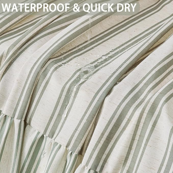 ORTIGIA Linen Textured Ruffle Shower Curtain 72x72 Inch with Metal Hooks, Vintage Cream-Green Waterproof Bath Curtain for Rustic Farmhouse Bathroom Decor