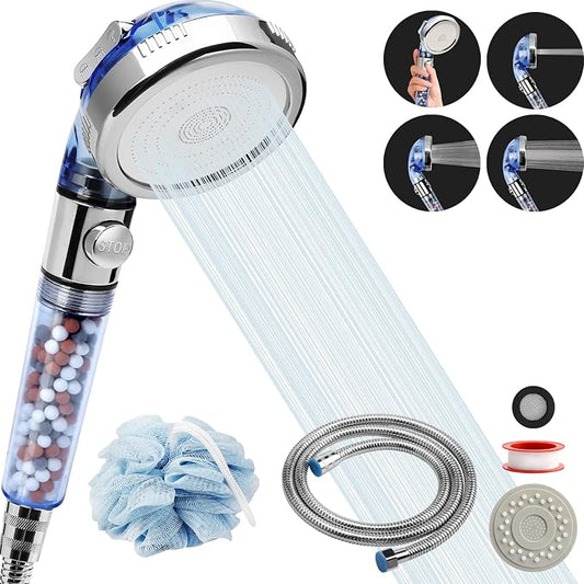 High Pressure Shower Head with Hose, REHAVE Water Saving RV Handheld Shower Head, Shower Sprayer, 3 Mode, Handheld Spray Showerheads for Dry Skin Hair Loss, Purifying Filtration Mineral Stone Beads