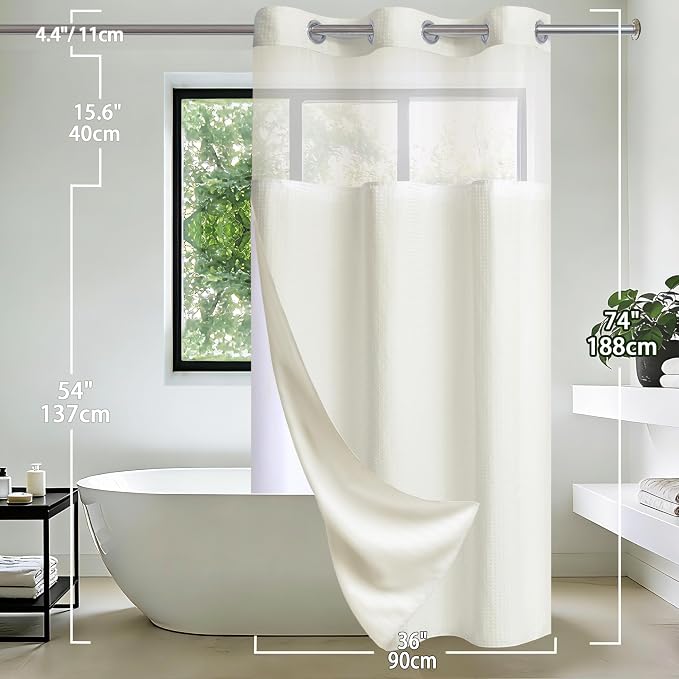Conbo Mio Stall No Hook Waffle Weave Shower Curtain with Snap in Liner Set, Hotel Luxury Beige Shower Curtains for Bathroom with See Through Top Window, Waterproof, Washable 36W x 74H