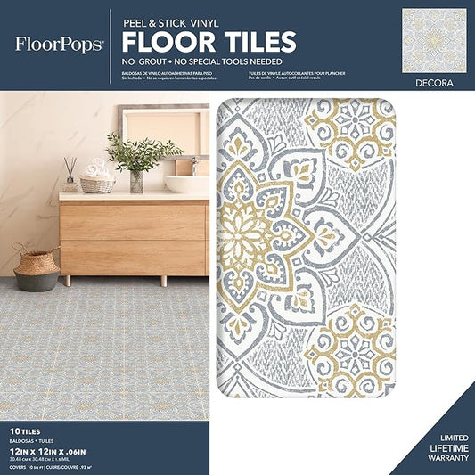 FloorPops Decora Blue Peel Stick Floor Tiles, FP6301