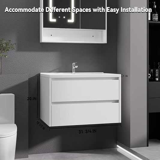 White Floating Bathroom Vanity with Sink, 31x18 Inch Wall Mounted Bathroom Cabinet with 2 Drawers, Modern Single Sink Vanity for Small Bathroom, Space-Saving Storage Cabinet