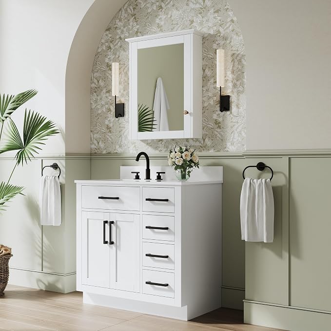 36-Inch Bathroom Vanity with Sink W/ 2 Doors & 4 Drawers & 1 Flip Drawer, White Vanity W/Matte Black Handles