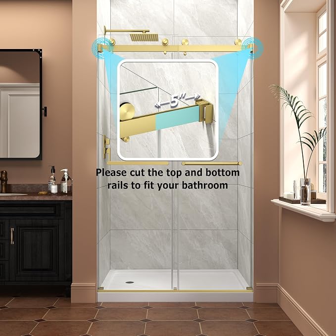 43"-48" W x 76" H Frameless Shower Door,Sliding Shower Door with 5/16"(8MM) SGCC Clear Tempered Glass,Reversible Installation,Nano Explosion-Proof Film,Waterproof Strip,for Bathroom,Brushed Gold