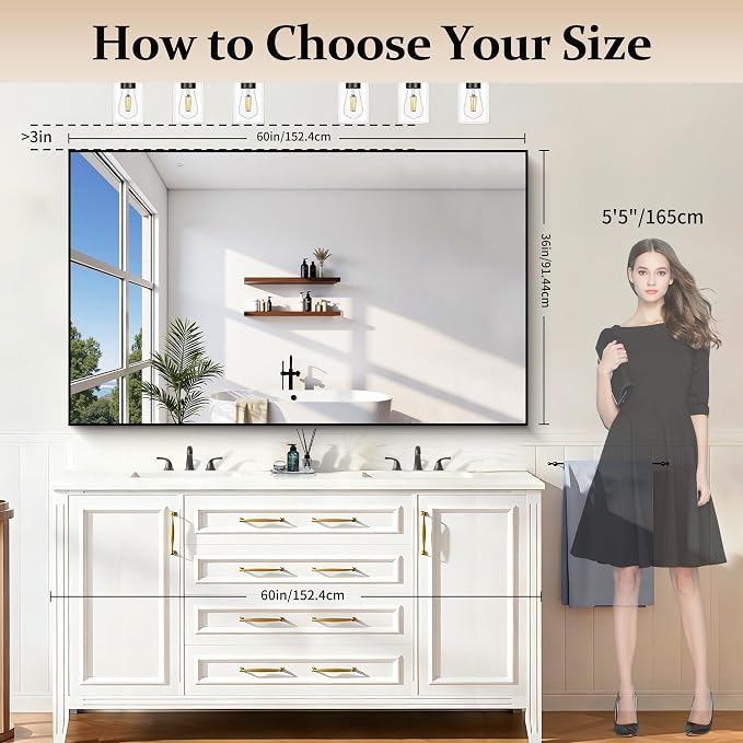 COFENY Black Bathroom Mirror for Wall, 60x36 Inch Rectangle Mirrors with Metal Frame, Large Modern Vanity Wall Mirror for Bathroom Living Room, Entryway Hangs Horizontal or Vertical